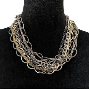 Chunky Necklace Multi Layer Gold Silver Tone Black Toggle Closure